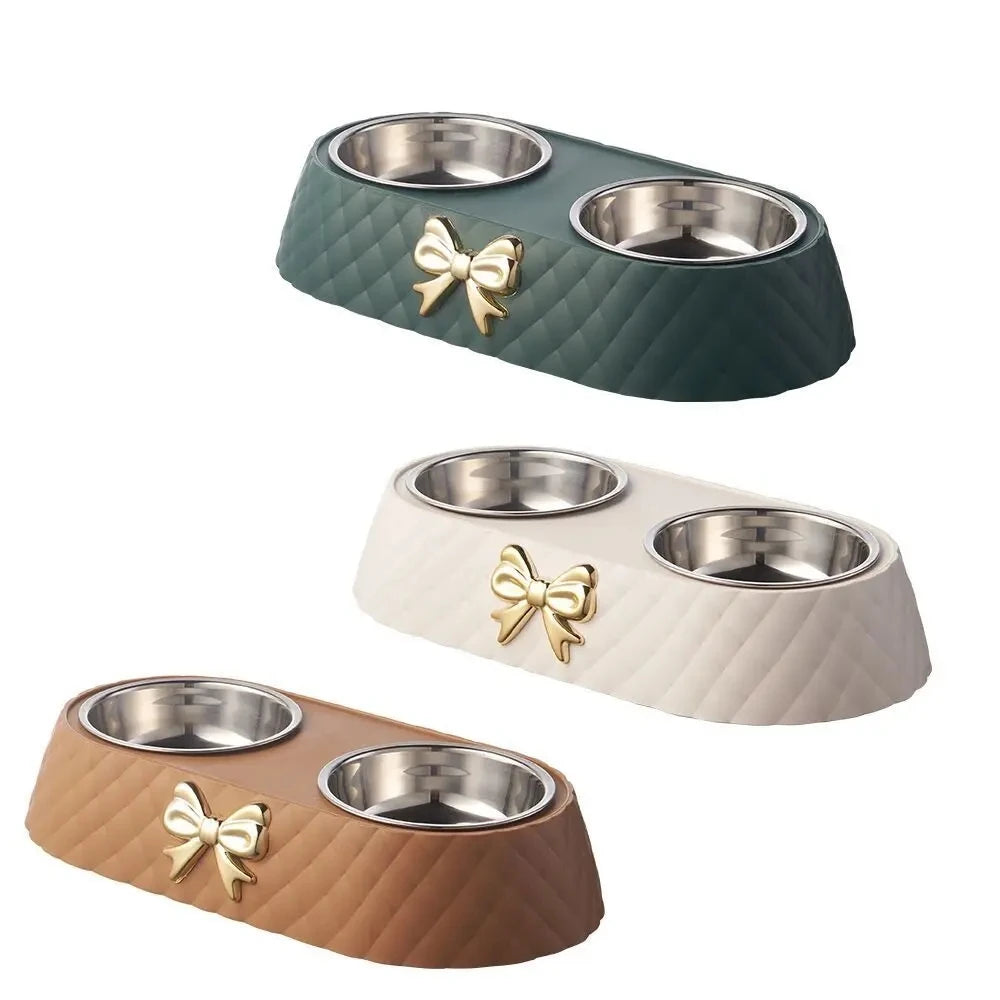 Pet Supplies Bow-tie Food Bowl Base Bowl Stainless Steel Double Feeding Drinking/Feed Double Bowl