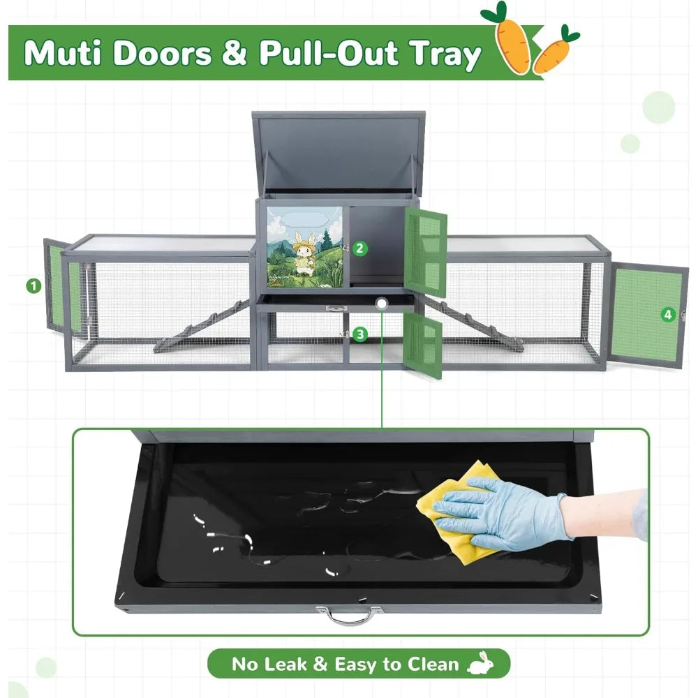 Rabbit Small Animals Hutch Outdoor Indoor, 94.5" Extra Large, 2-Story Wooden Cage with Pull-Out Tray