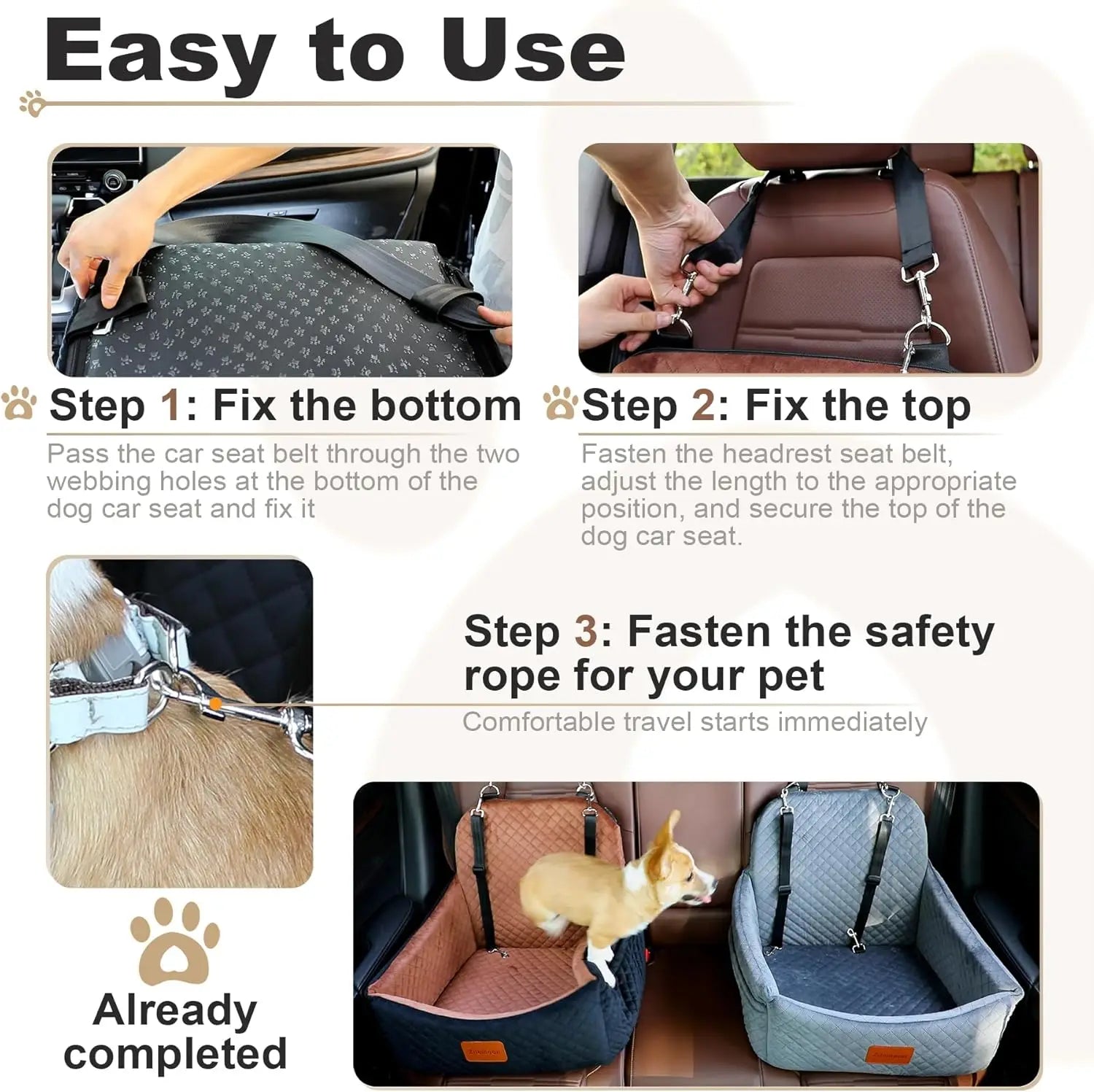 Dog Car Seat with Safety Leashes for Small Medium Pets 0-30 lbs, Travel Bed with Storage Pockets, Detachable and Easy Install