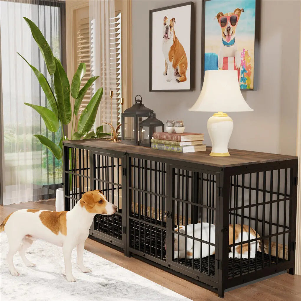 Heavy Duty Dog Kennel Metal Wooden End Table Furniture Style with Three Doors and Removable Tray