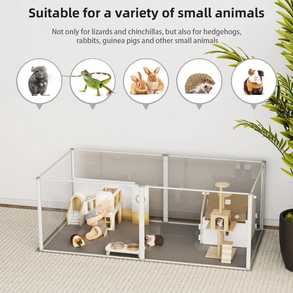 Clear Acrylic Hamster Play Pen Indoor 6 Panels Pet Enclosure w/ Waterproof Floor Pad for Guinea Pigs Hedgehogs