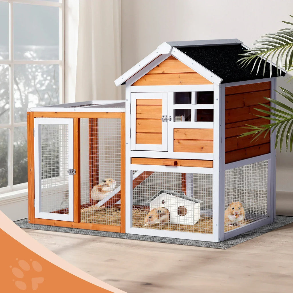 Wooden Rabbit Hutch Outdoor Chicken Coop Indoor Bunny Cage with Run, Guinea Pig House with Pull Out Upper Tray, Orange