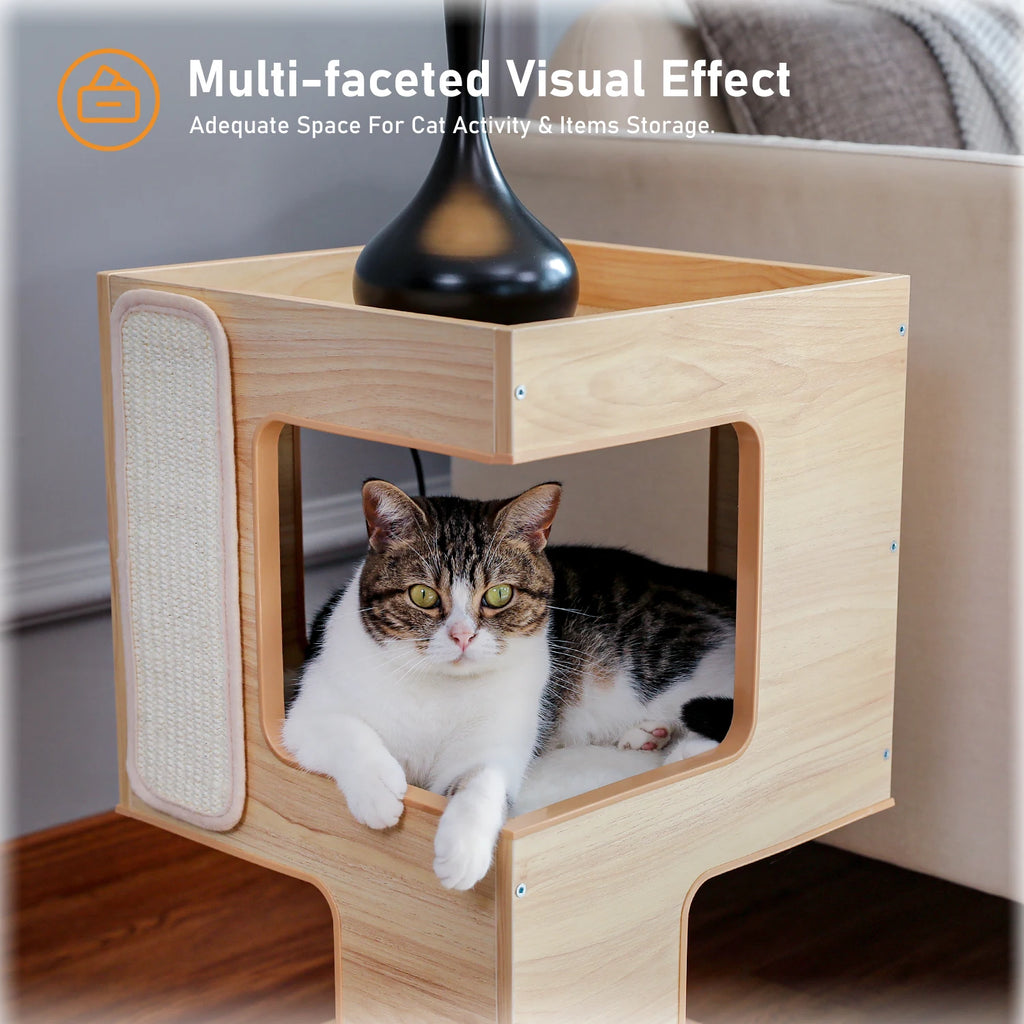 Wood Cat Condo House Bed with Removable Soft Mats Modern Cat Tree Tower with Scratching Pad Cat Scratcher Furniture