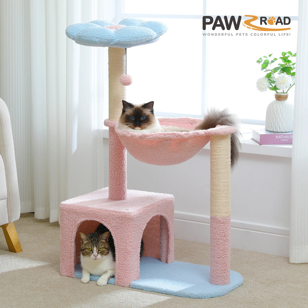 Flower Cat Tree with Large Metal Frame Hammock with Sisal Scratching Posts for Small Indoor Cats