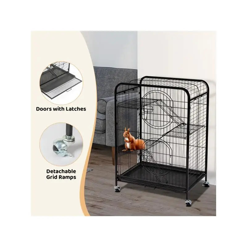 37" Metal Small Animal Cage with Ramps, Feeders & Wheels for Small Animals, Black