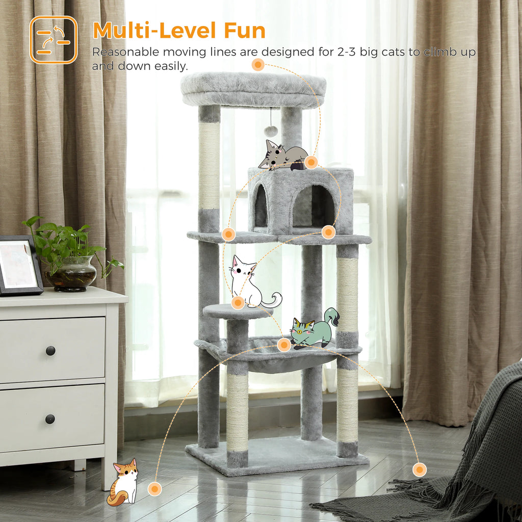 Cat Tree for Indoor Cats 5-Level for Large Cats with Large Hammock Sisal Covered Scratching Posts Cozy Condo Top Perch