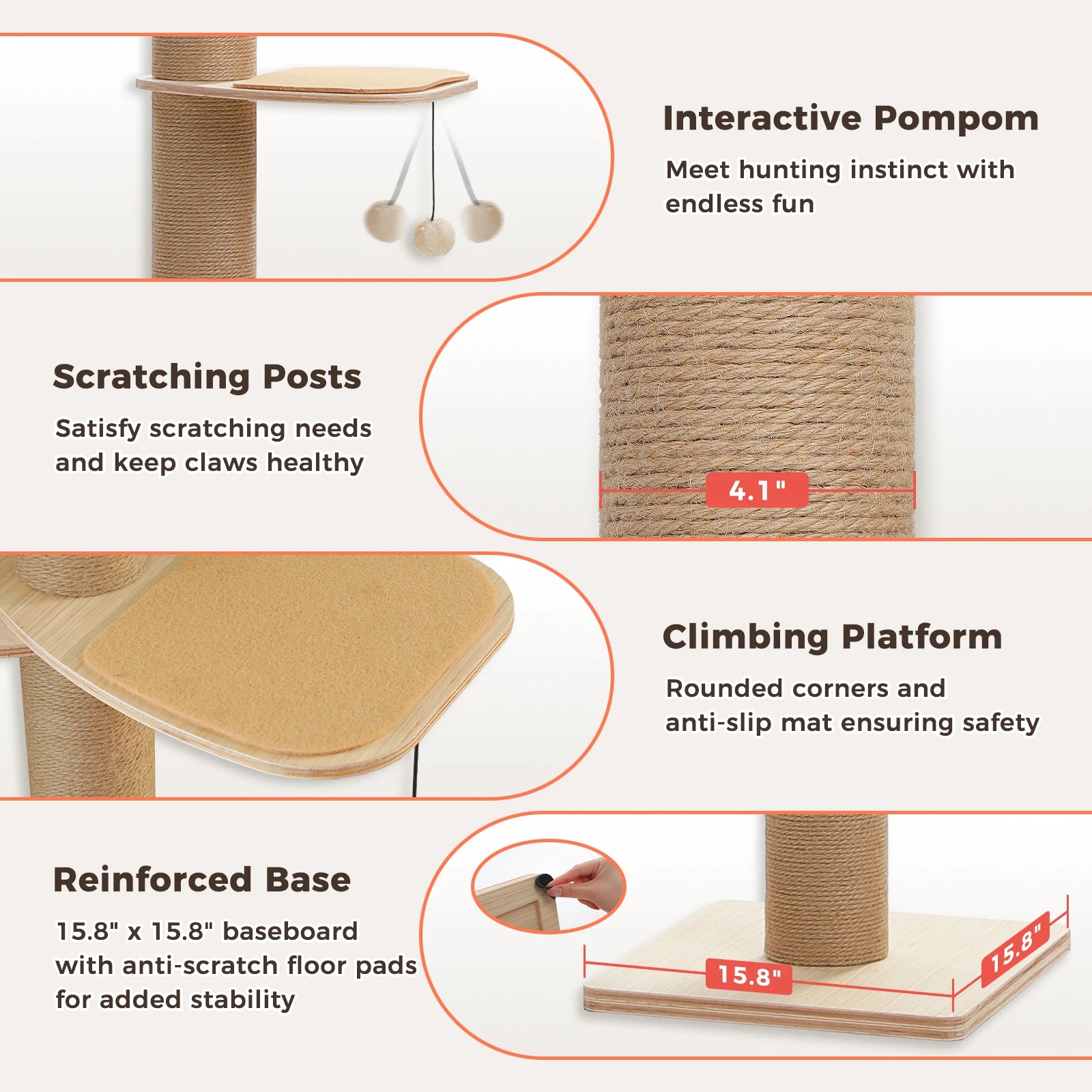 Floor to Ceiling Cat Tree for Indoor Cats Adjustable Height Wooden with Thick Scratching Posts Acrylic Cave