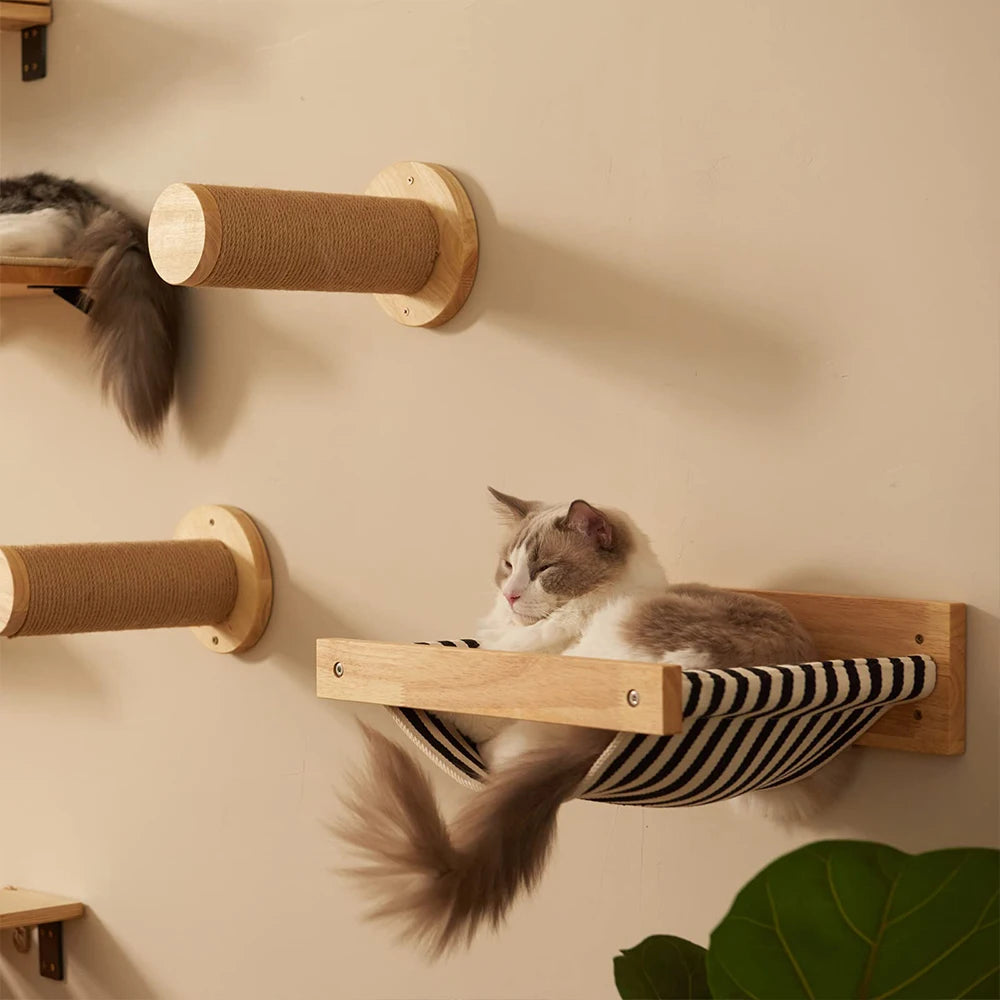 3Pcs Cat Hammock with Four Step Sisal Stairways or Scratching Posts Set Wall Mounted Wooden Climbing Shelf Perch