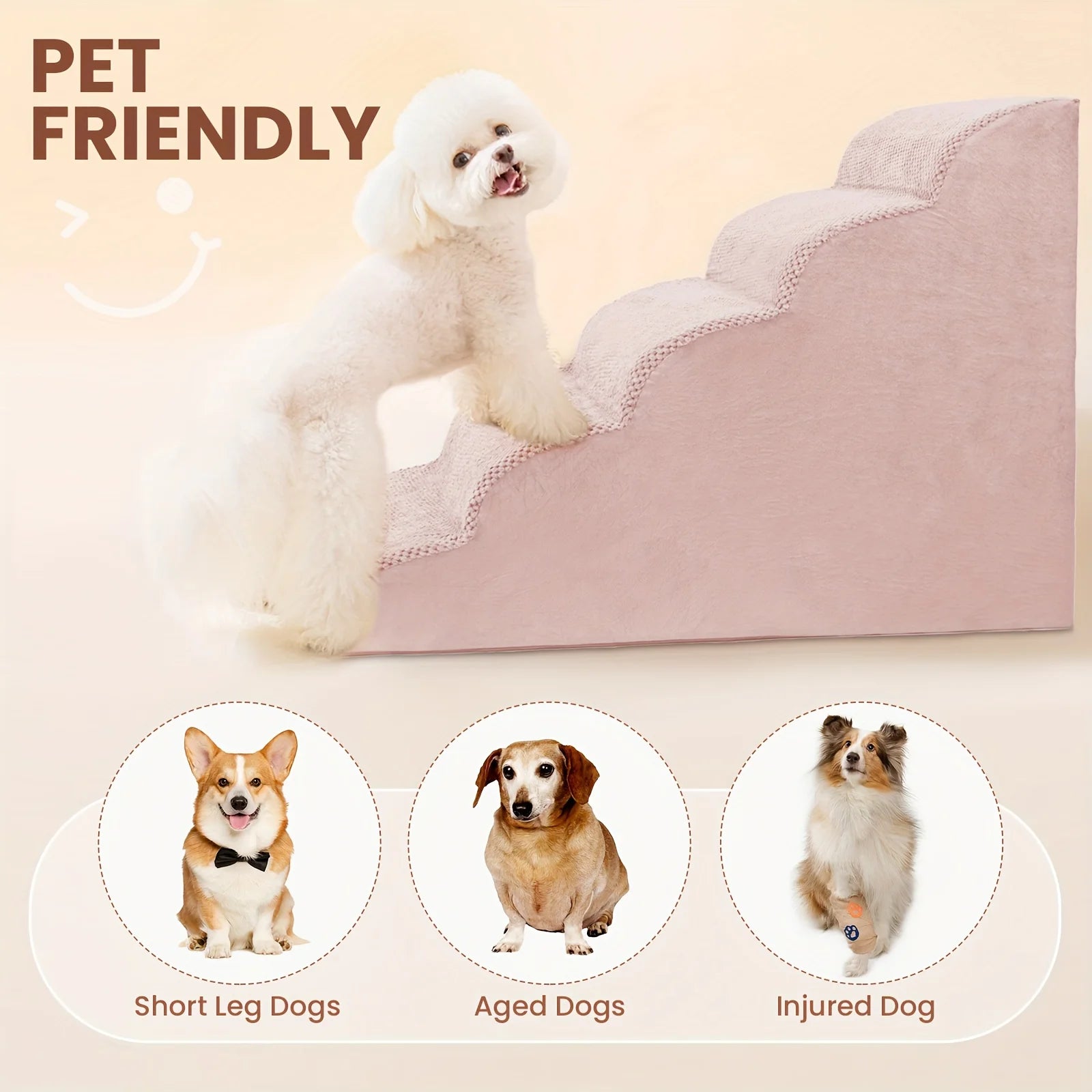 5-Step Dog Stairs & Ramp Suitable for Small Dogs, High-Density Foam Pet Steps with Non-Slip Base, Wide Ramp for Beds/Couches