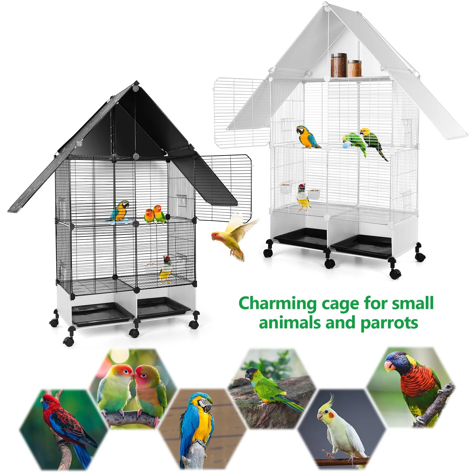 Bird Cage with Rolling Stand House Shape Large Iron with Lock