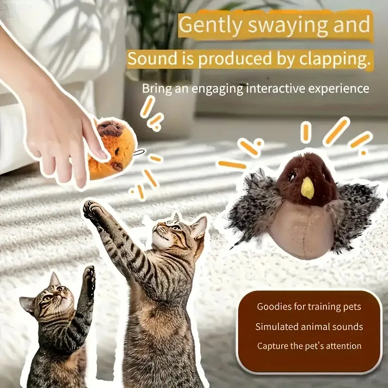 Plush Touch-Activated Flapping Bird Cat Toy with Realistic Chirping Sound