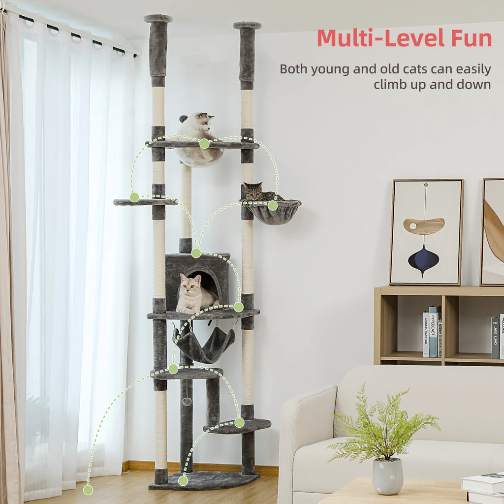 Floor to Ceiling Cat Tree Adjustable Climbing Play House with Scratching Posts Cozy Condo Perches Hammock