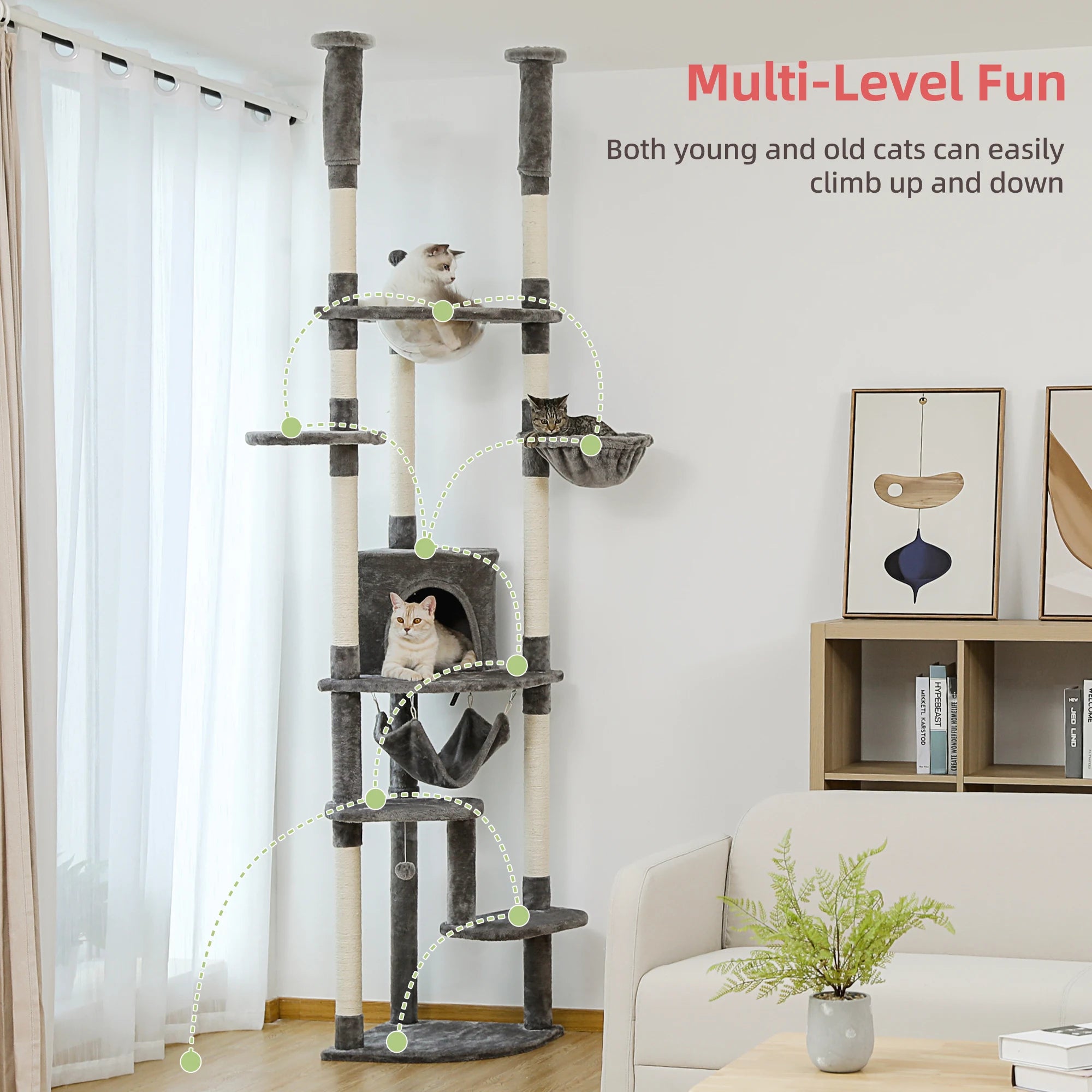 Floor to Ceiling Cat Tree Adjustable Climbing Play House with Scratching Posts Cozy Condo Perches Hammock