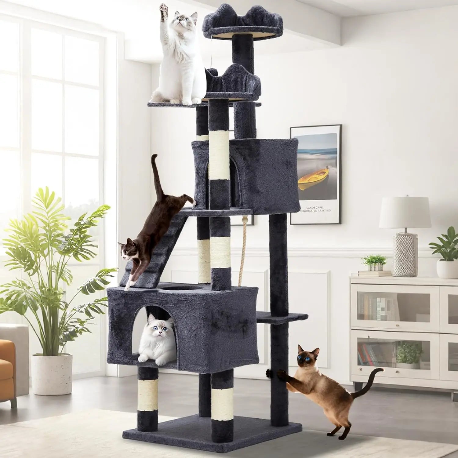 74" Tall Cat Tree For Large Cats Heavy Duty Multi-Level Anti-Tip With 6 Scratching Posts Top Perch & Cozy Rest Areas