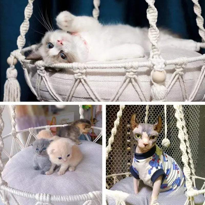 Pet Hammock Cat Swing Hand Woven Cotton Rope Hanging Basket