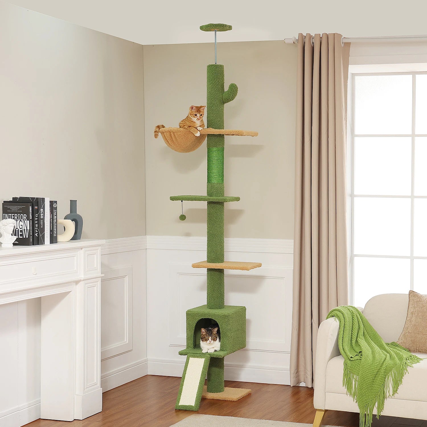 Cactus Cat Tree Floor to Ceiling Cat Tower with Sisal Scratching Post, Comfortable Hammock for Multi-Cat Homes