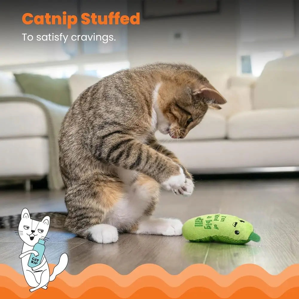 Crunchy Pickle Kicker Cat Toy – Plush Crinkle with Catnip and Dental Mesh, 6.5
