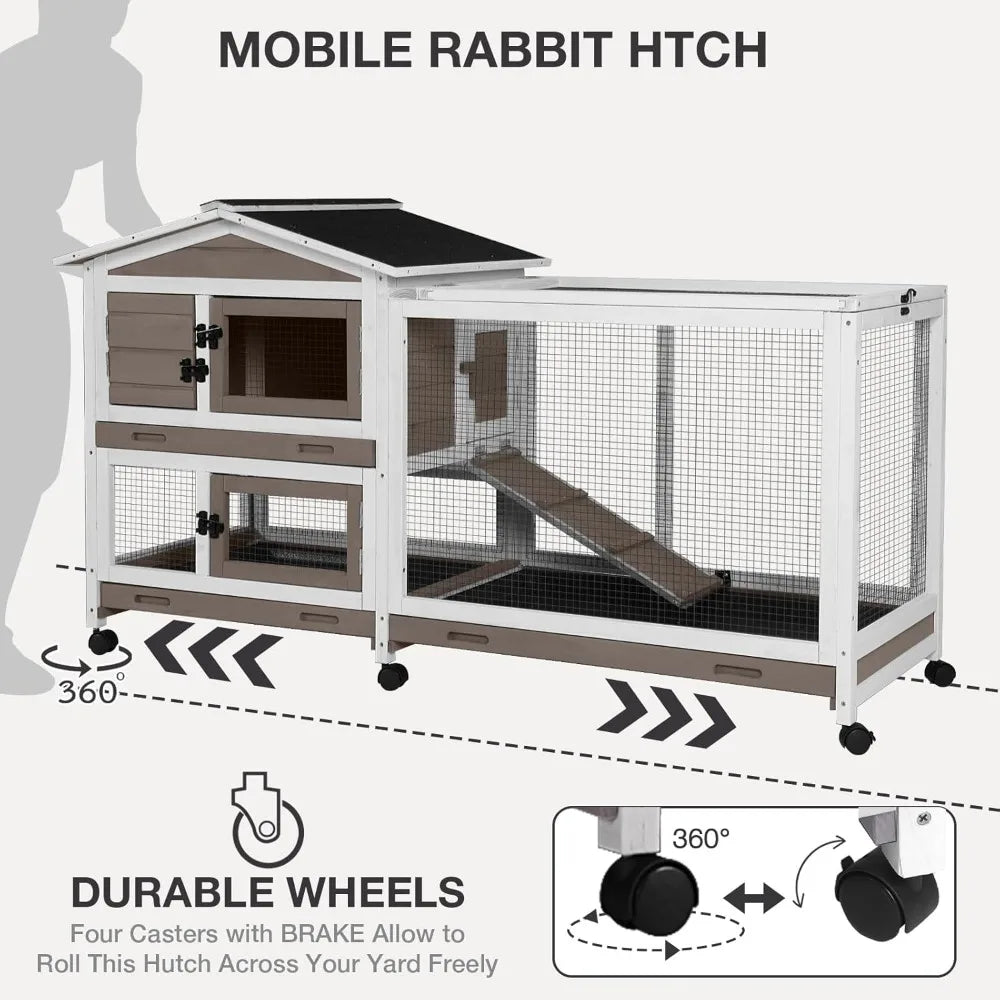 2-Story Indoor/Outdoor Rabbit Guinea Pigs Hutch Chew-Proof with 6 Locking Casters 2 Pull-Out Trays
