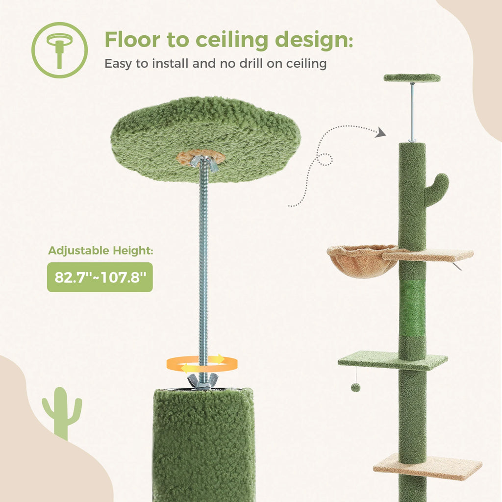 Cactus Cat Tree Floor to Ceiling Cat Tower with Sisal Scratching Post, Comfortable Hammock for Multi-Cat Homes