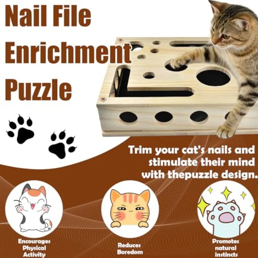 Reinforced Cat Nail File Scratcher Box Enrichment Puzzle Toy for Indoor Cats Sandpaper Claw Care
