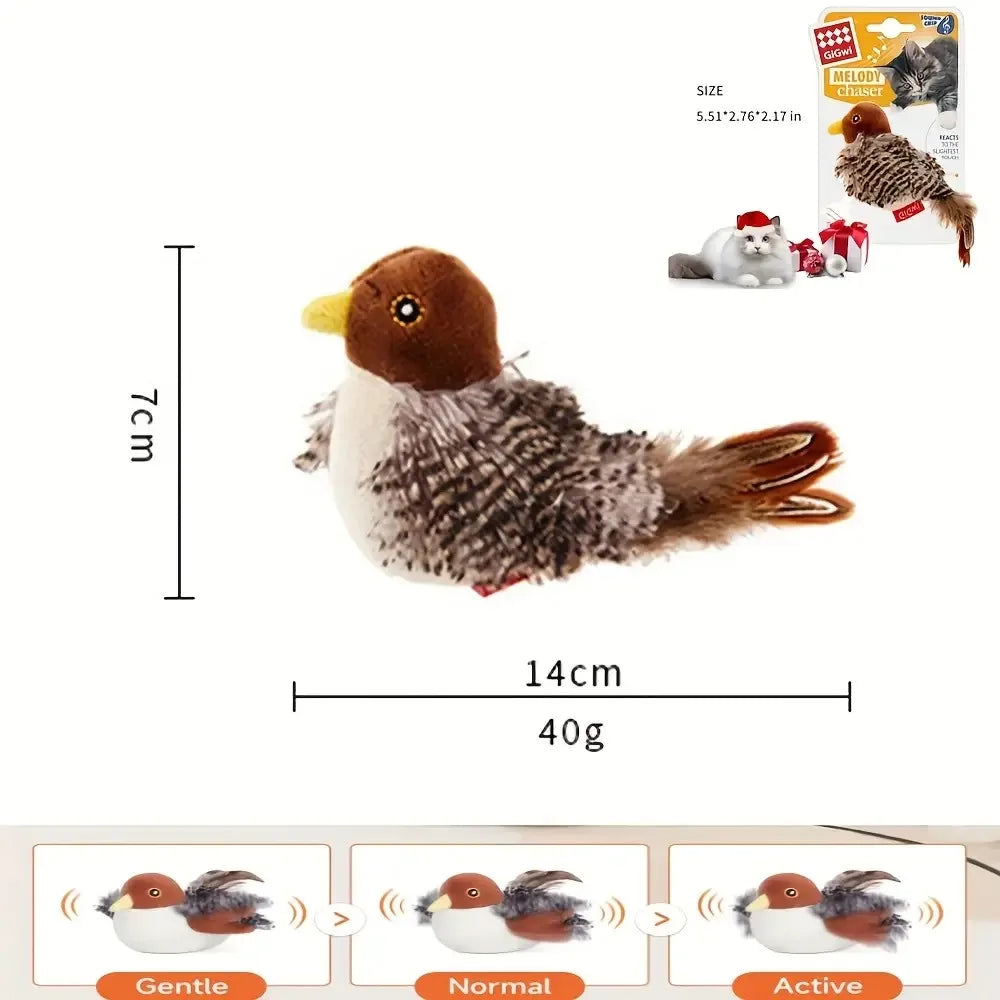 Plush Touch-Activated Flapping Bird Cat Toy with Realistic Chirping Sound