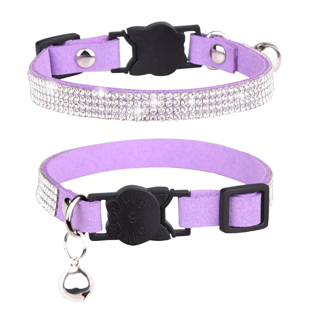Small Cat Collar Rhinestone Bell Breakaway Quick Release Soft Suede