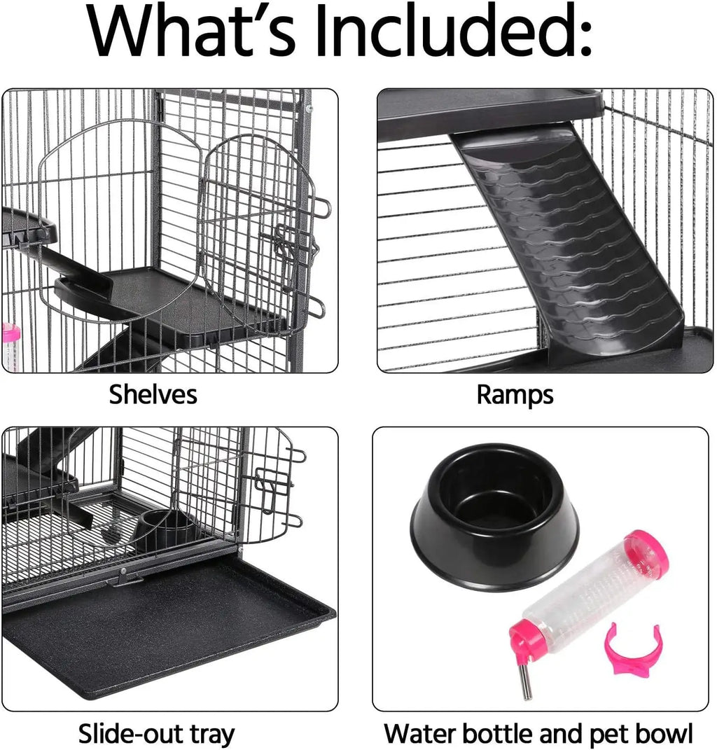 52" Black 6-Level Metal Small Animal Cage - 3 Front Doors, Feeder, Wheels