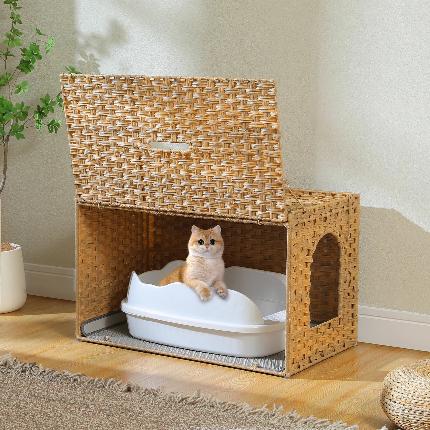 Rattan Cat Litter Box Enclosure Furniture with Door, Handwoven Rattan Hidden Litter Box