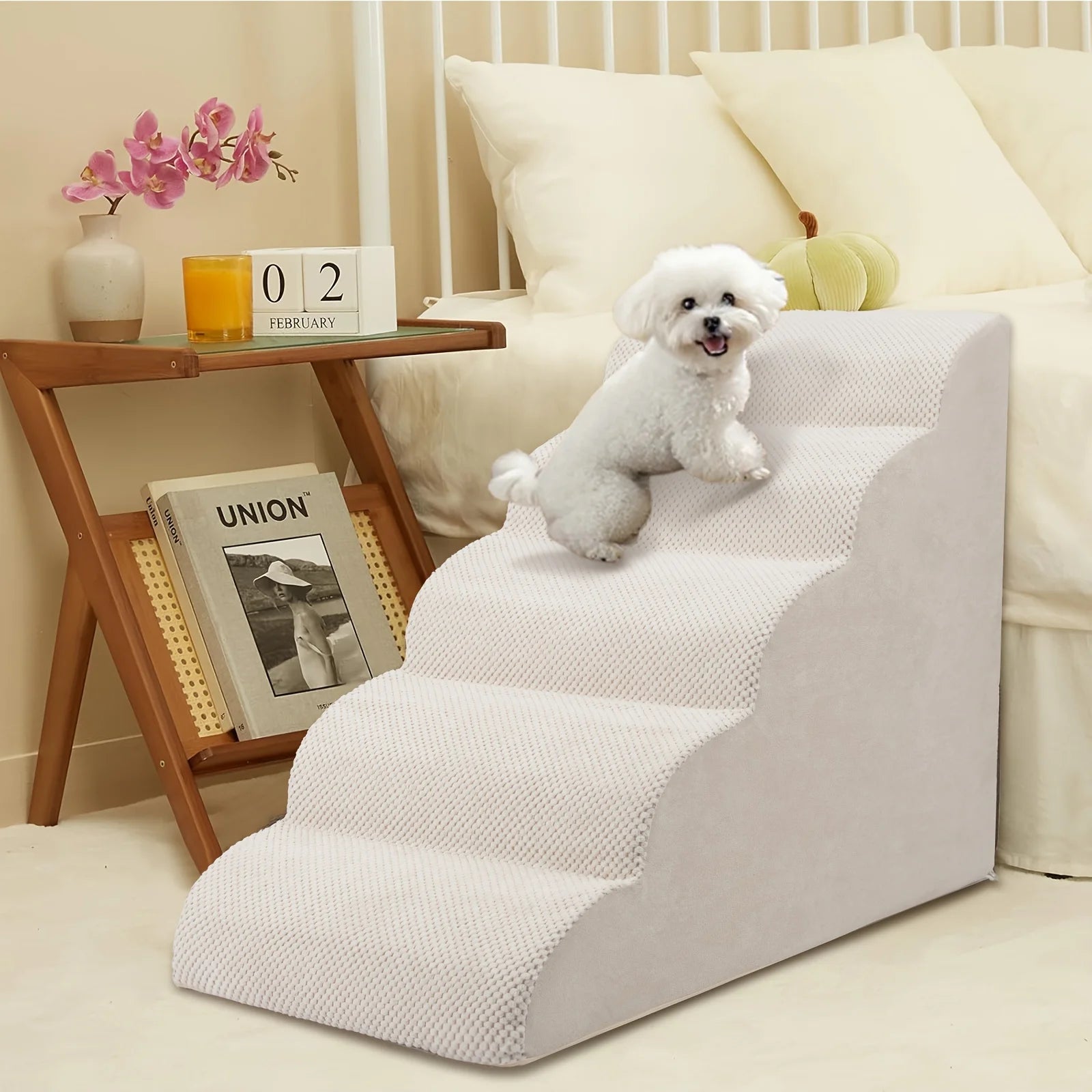 5-Step Dog Stairs & Ramp Suitable for Small Dogs, High-Density Foam Pet Steps with Non-Slip Base, Wide Ramp for Beds/Couches