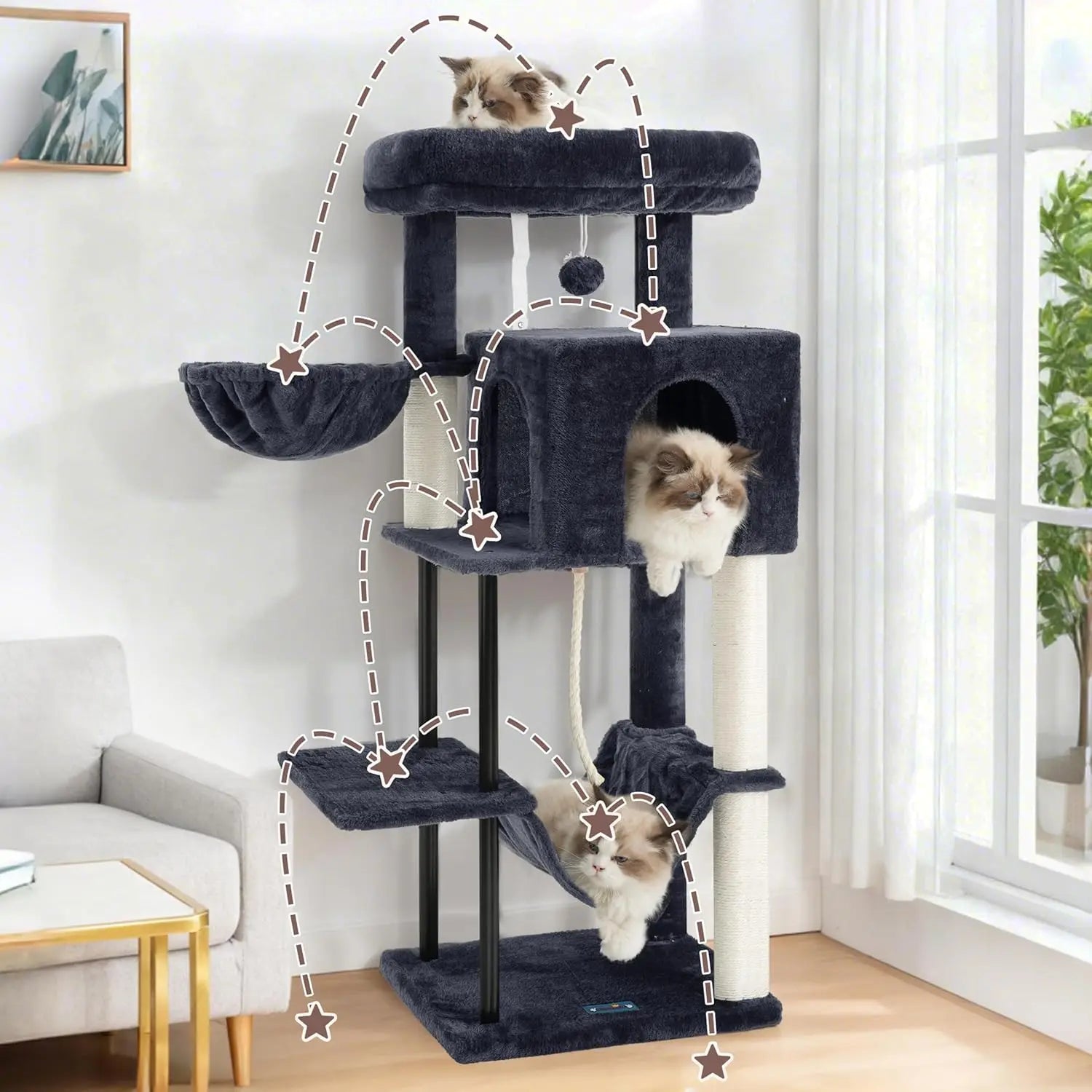 43.3 Inch Cat Tree Tower for Indoor Cats with Sturdy Steel Tube, Hammock, Condo, Scratching Post
