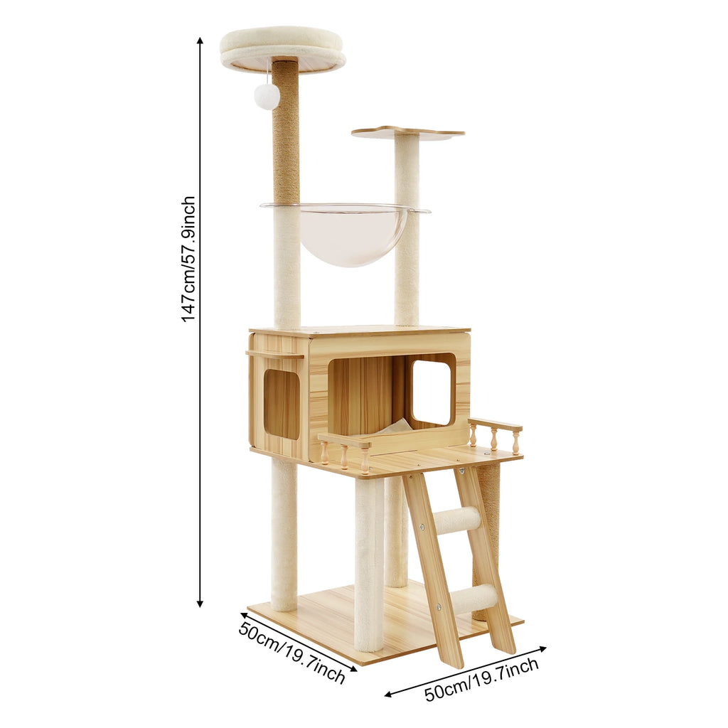 White+wood Cat Tree for Indoor Cats - 50x50x147cm Cat Scratching Climbing Tower, Floor Mount, 12.83kg Net Weight