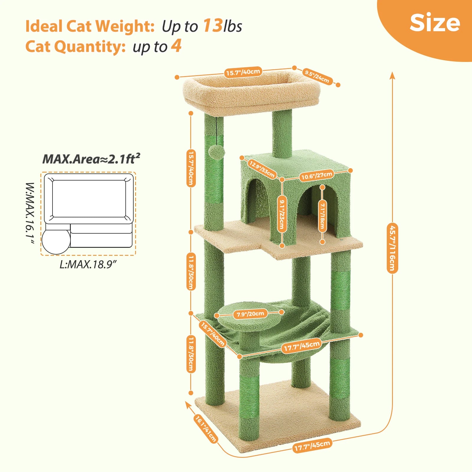 Cactus Cat Tree Tower for Large Cats with Metal Plush Big Hammock for Indoor with 2 Door Condo House with Large Top Perch