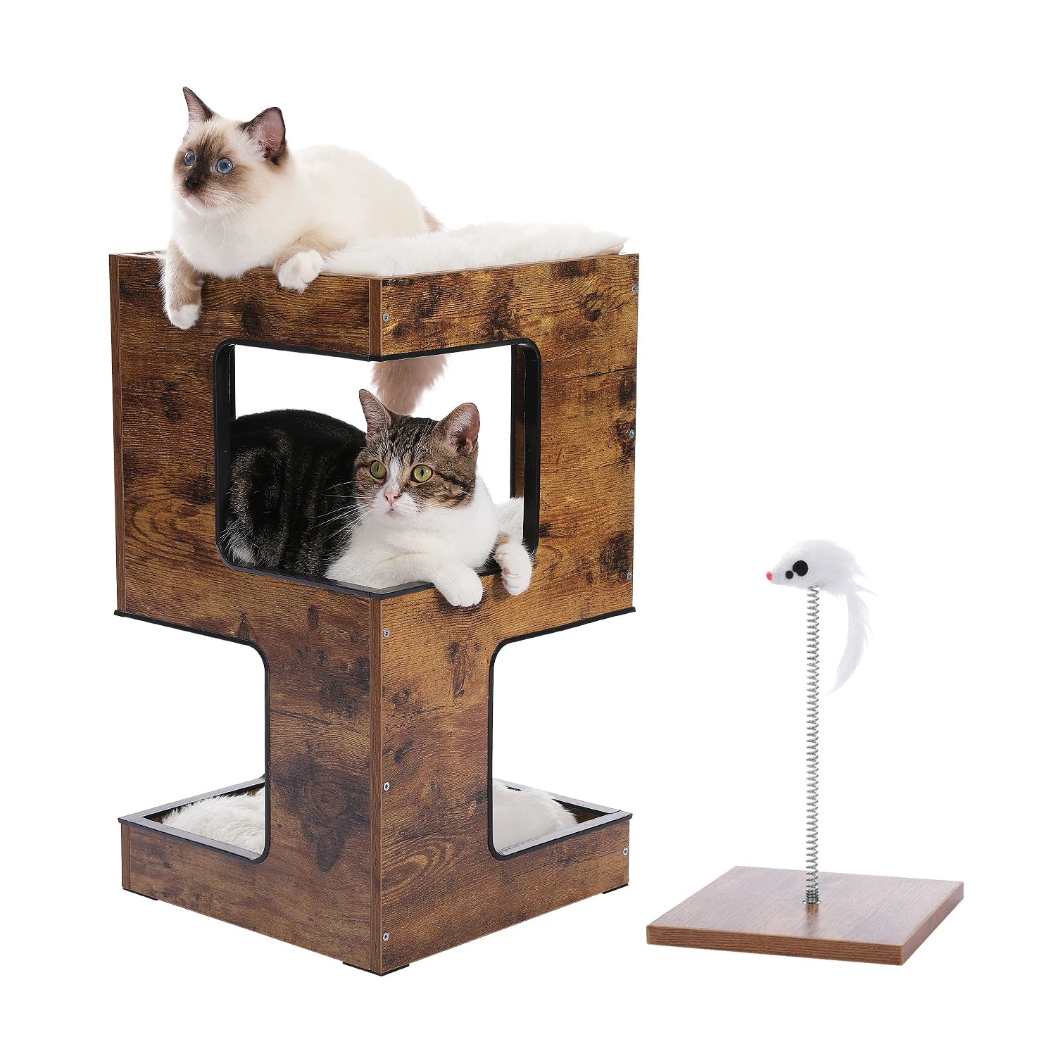 Wood Cat Condo House Bed with Removable Soft Mats Modern Cat Tree Tower with Scratching Pad Cat Scratcher Furniture