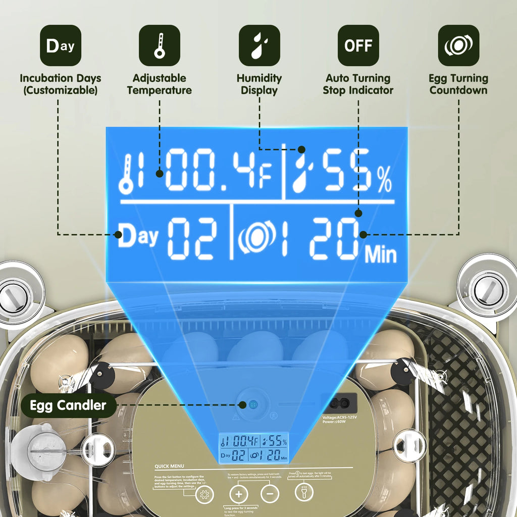 24 Egg Incubator with Automatic Turning, Temperature and Humidity Control, LED Egg Candler, and Auto Water Addition
