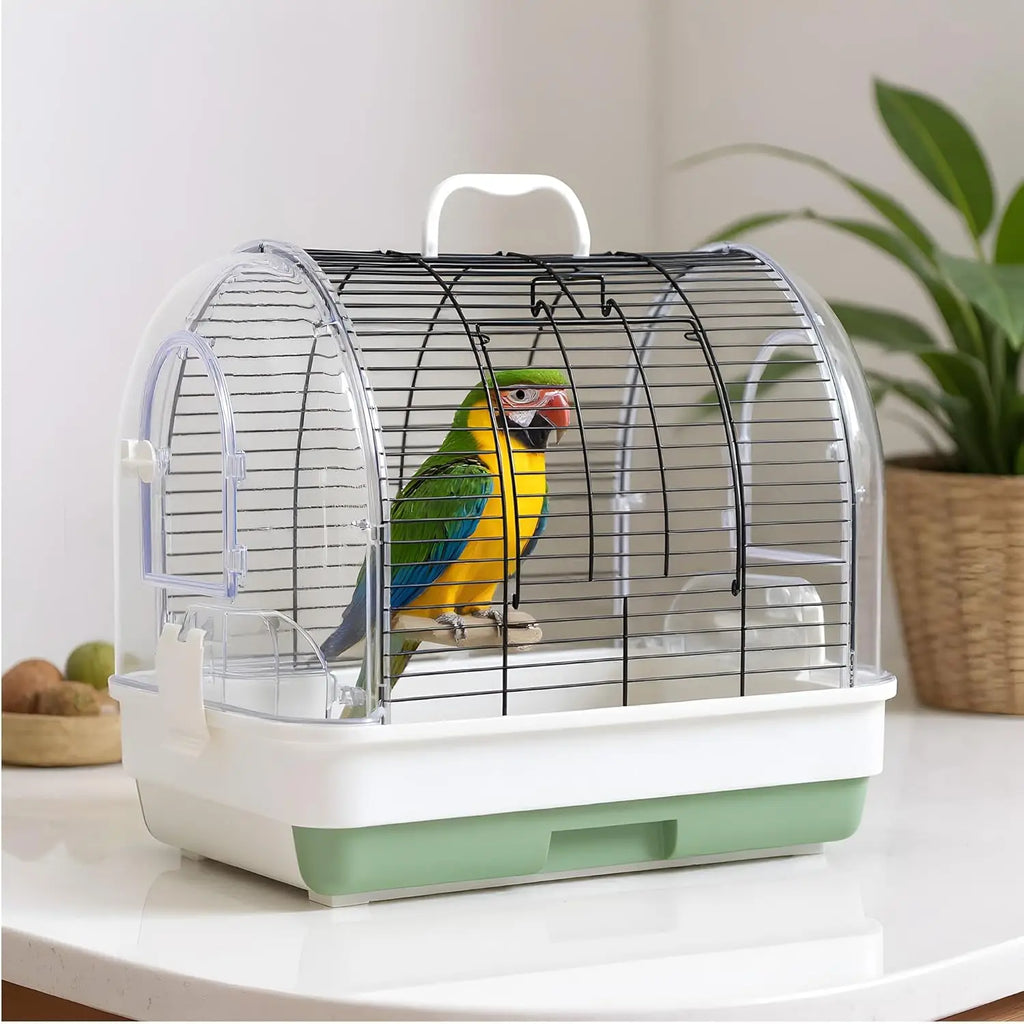 Portable Metal Bird Cage Carrier, with 2 Perches, 2 Food Bowls and Tray