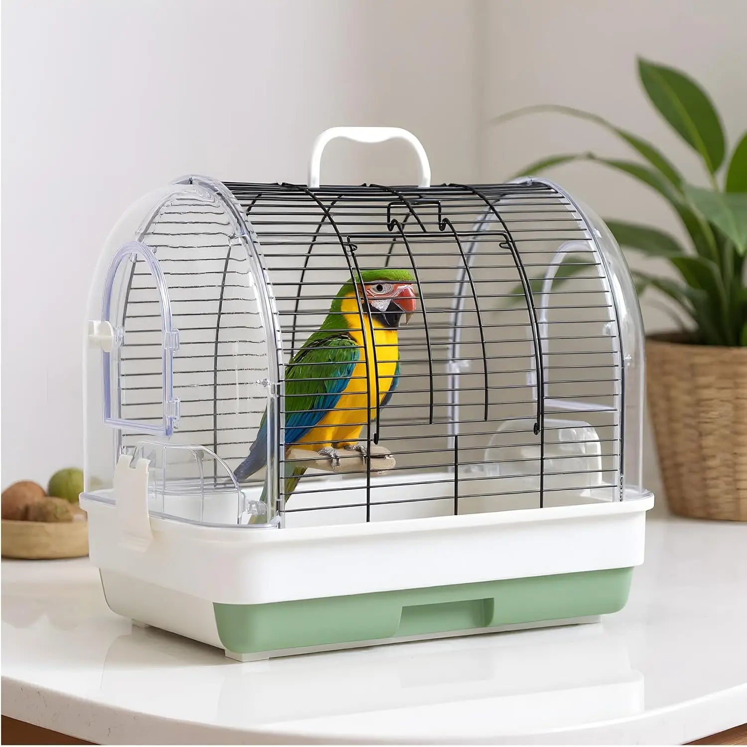Portable Metal Bird Cage Carrier, with 2 Perches, 2 Food Bowls and Tray