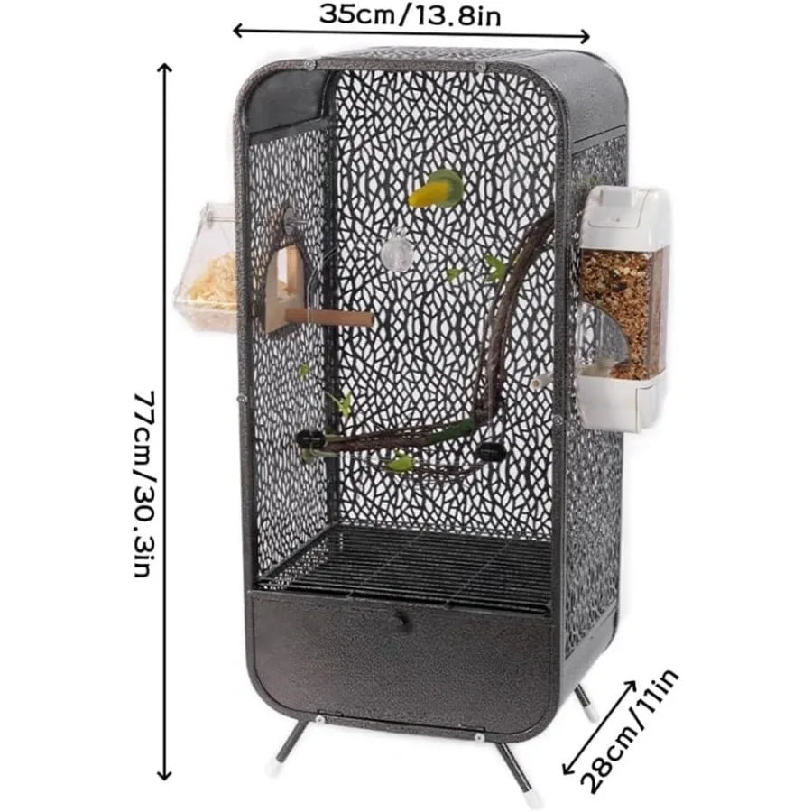Large 30Inch Bird Cage with Play Top and Breeding Box Wrought Iron with Rolling Base for Small Pet Birds Indoors White