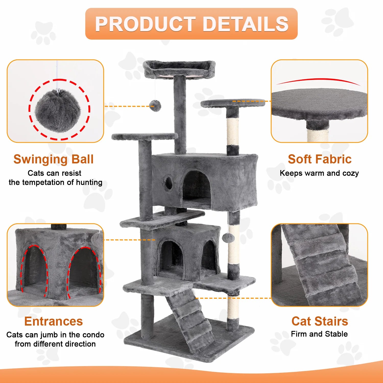 Cat Tree 54/70 Inch with Sisal-Covered Scratching Posts Dangling Ball for Cats to Play and Sleep