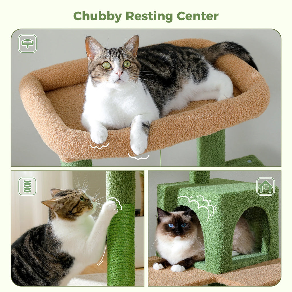 Cactus Cat Tree Tower for Large Cats with Metal Plush Big Hammock for Indoor with 2 Door Condo House with Large Top Perch
