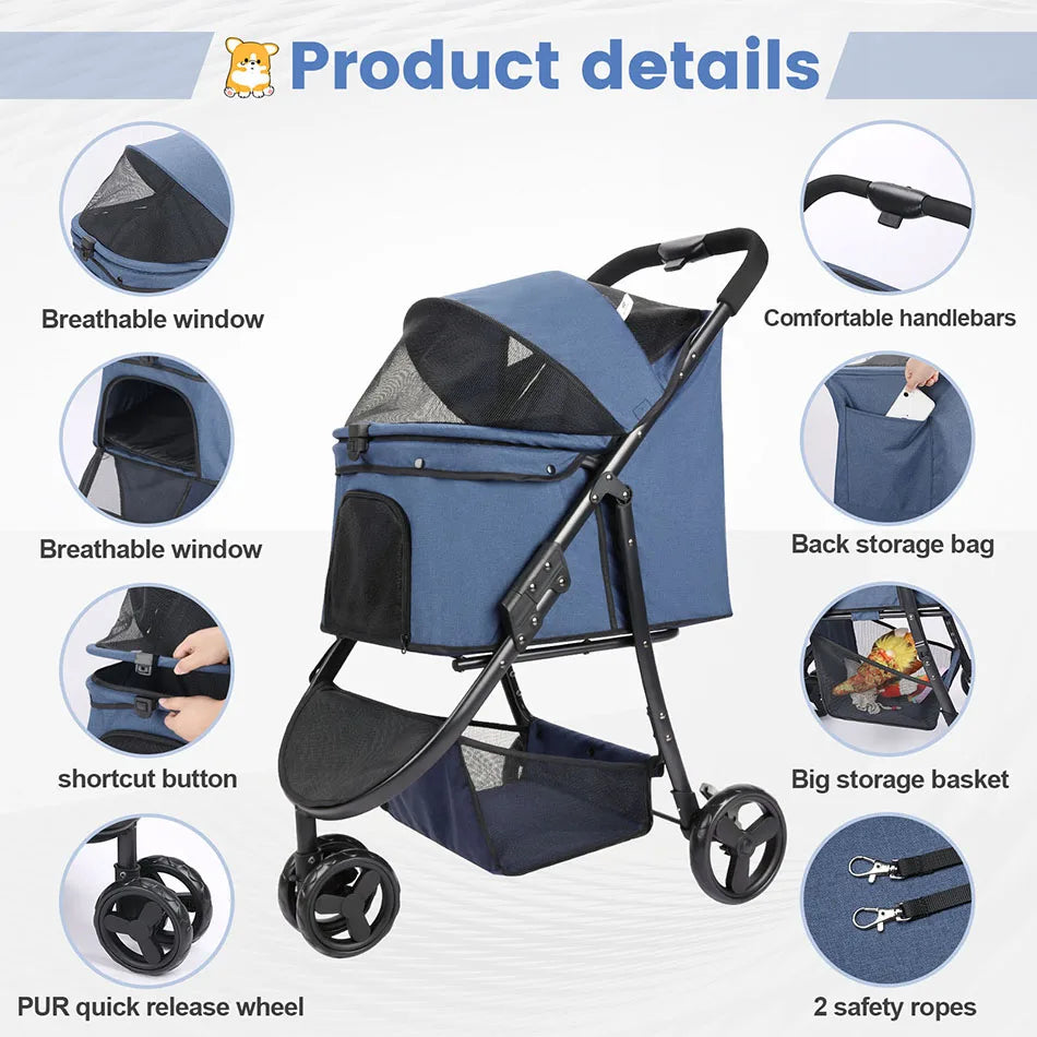 Pet Stroller Bag Foldable Collapsible Stroller for Small Dogs Cat ,3 Wheels