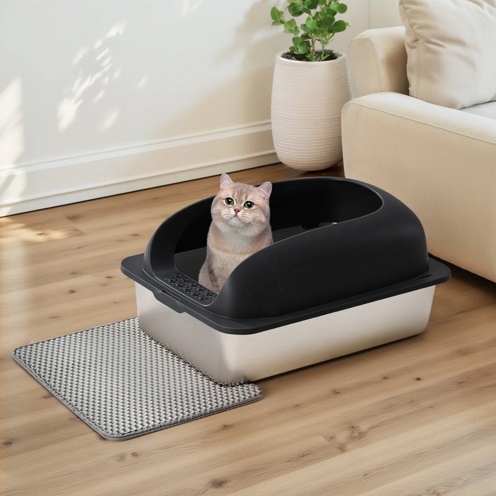 Stainless 24IN Steel Cat Litter Box with Lid Large Cat Litter Box for Big Cats Anti-Urine Leakage Scoop and Mat Included