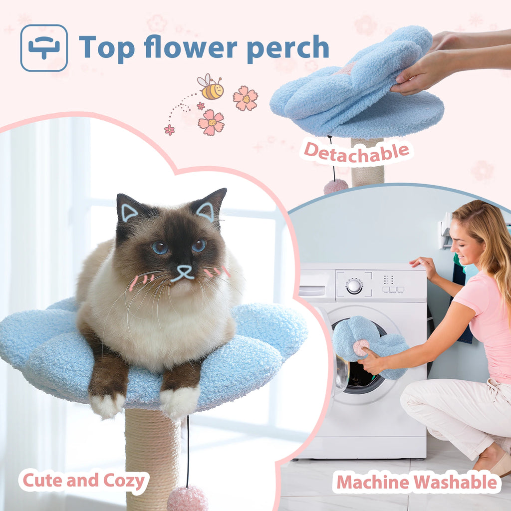 Flower Cat Tree with Large Metal Frame Hammock with Sisal Scratching Posts for Small Indoor Cats
