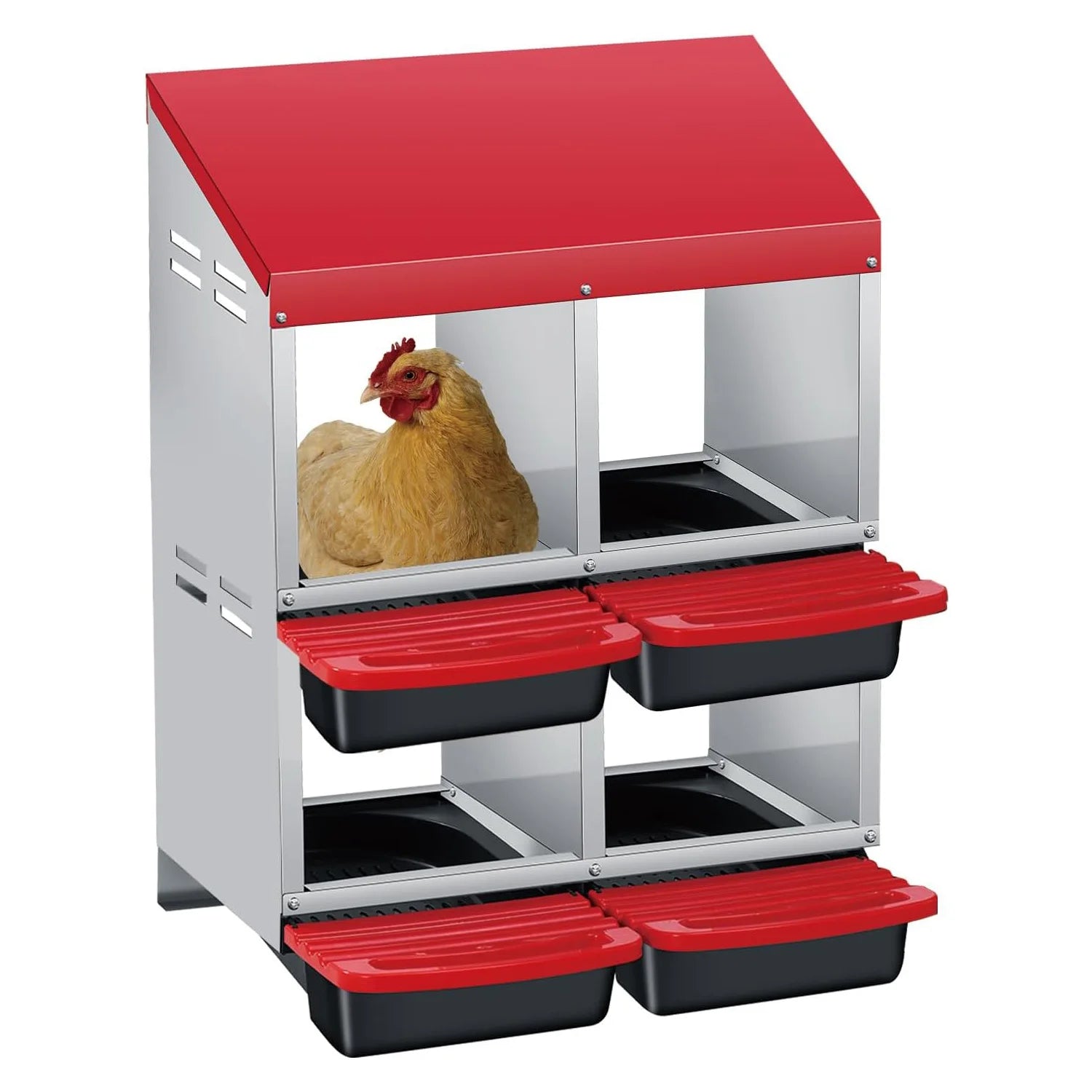 Chicken Nesting Box 4 Compartment Roll Away Design Automatic Roll-Out Egg Collection with Perch Wall Mount