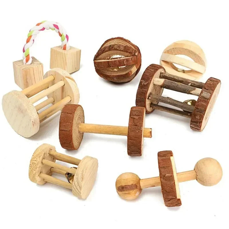 Cute Rabbit Roller Toys Natural Wooden Pine Dumbbell Unicycle Bell Chew Toys for Guinea Pigs Rat Small Pet