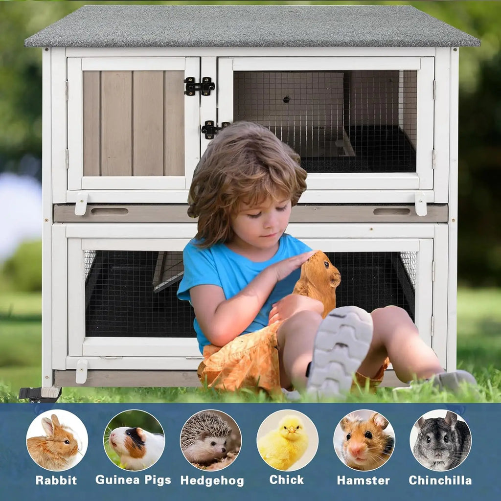 Petscosset 36" L Guinea Pig Cages Wooden, 2 Story Rabbit Cage Indoor Guinea Pig Habitat