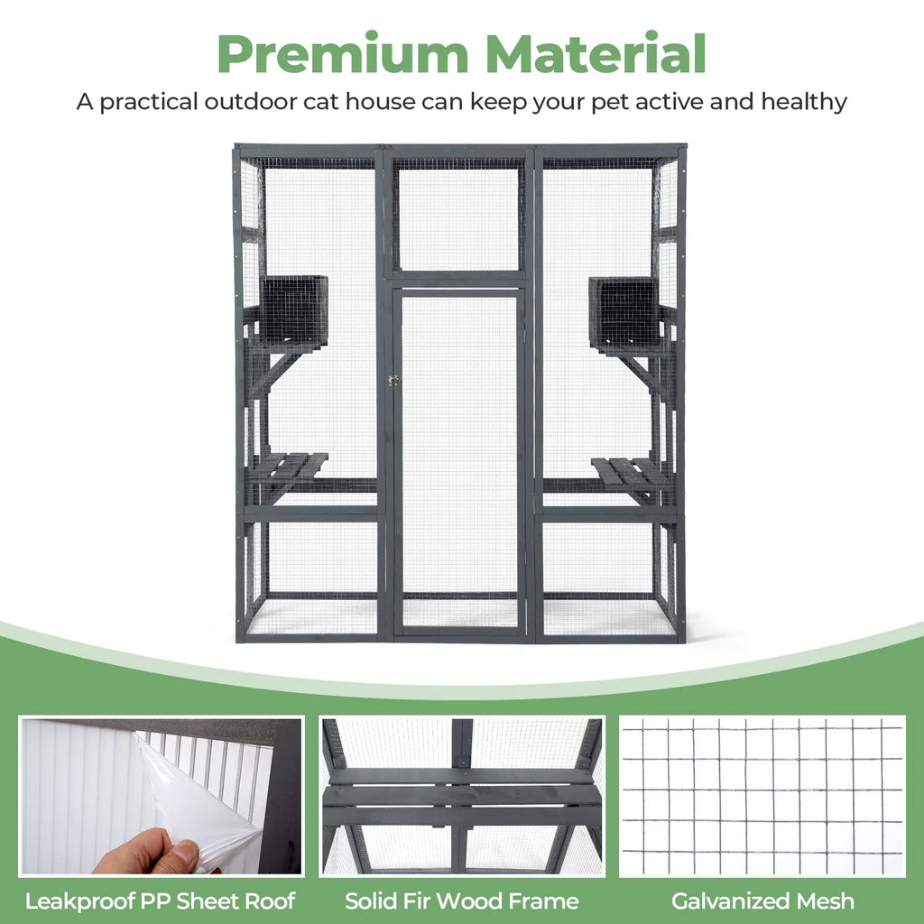 70'' Large Catio Outdoor/Indoor Cat Enclosure Cat House with 7 Platforms, 2 Resting Box