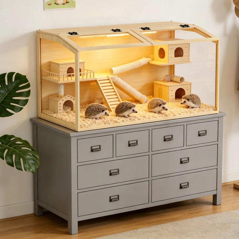 Large Wooden Hamster Cage Clear Tempered Glass Small Animal Habitat Cage Playful House Built-in LED Light with Openable Roof