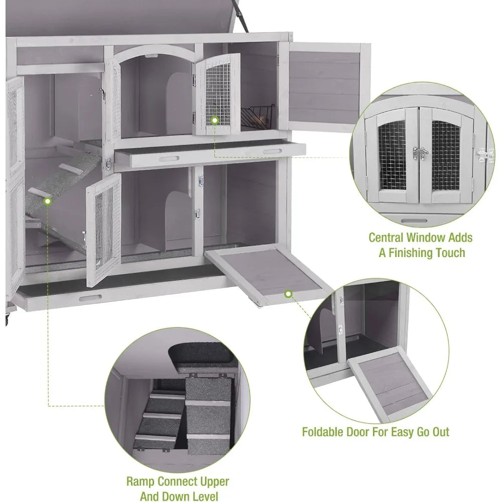 Rabbit Hutch Indoor Outdoor Bunny House Guinea Pig Cage on Wheels with Plastic Tray 47inch