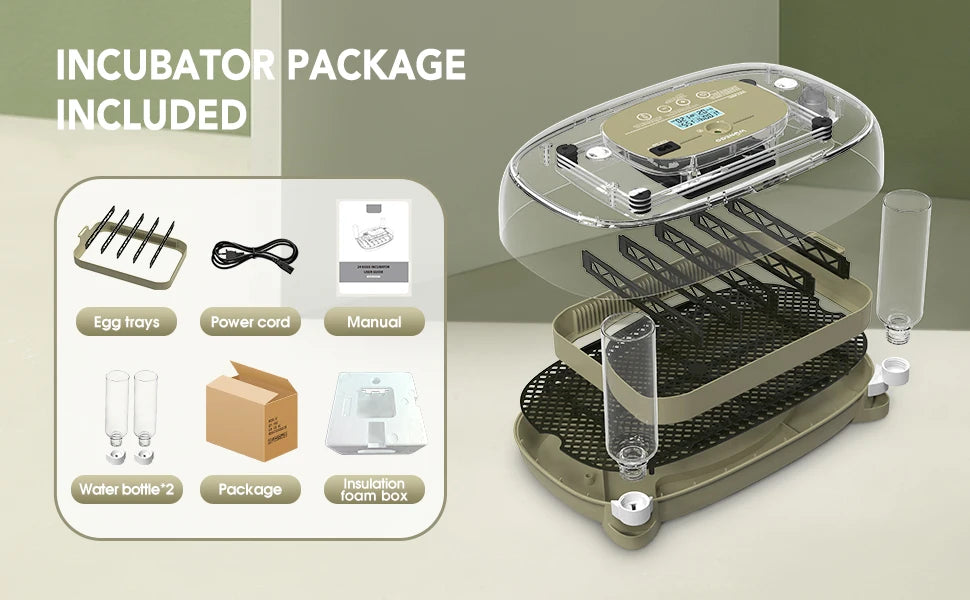24 Egg Incubator with Automatic Turning, Temperature and Humidity Control, LED Egg Candler, and Auto Water Addition