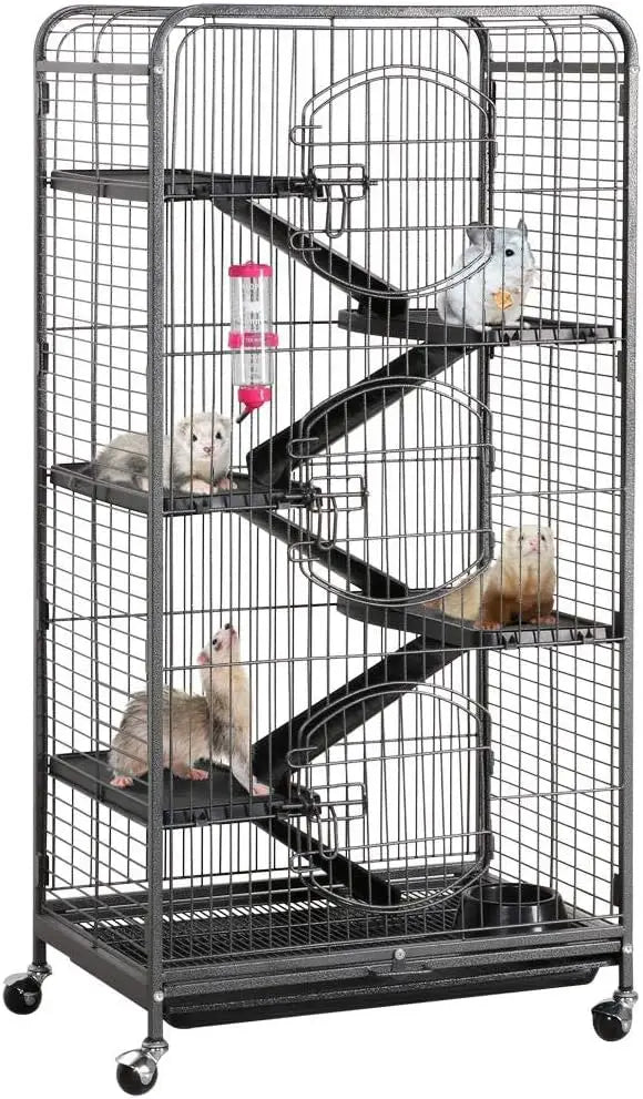52" Black 6-Level Metal Small Animal Cage - 3 Front Doors, Feeder, Wheels